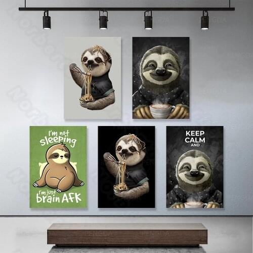 Nordic Style Canvas Painting Poster Cartoon Animals Monkey Eating Noodles Drinking Coffee for Living Rooms Bedrooms Wall Decorat