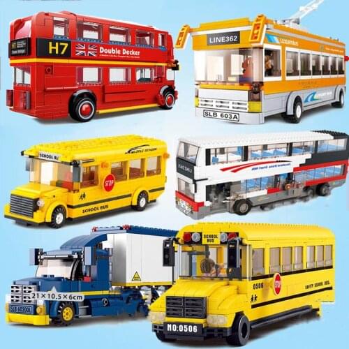 City Series School Bus Truck Station Building Blocks Wedding Car Children Kids Toys Bricks Boy Girl Gift