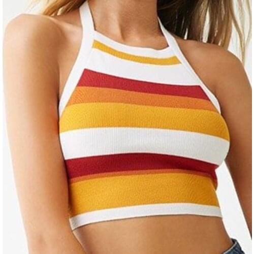 Womens Sexy Rainbow Color Block Stripe Ribbed Knit Halter Camis 2021 Summer Sleeveless Crop Tank Tops Tunic Club Vest Camisole