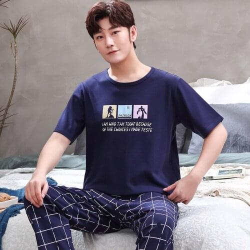 Summer Cotton Mens Pyjamas Short Sleeve Long Pants Pajamas Set Casual Male Sleepwear Night Pijama Hombre Plus Size 4XL Homewear