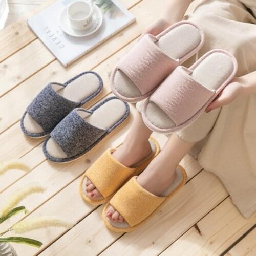 Linen Slippers Comfortable Sole Home Cotton Open Toe Non-Slip Shoes Soft Flip Flops Indoor Bedroom House Women Men Couple Slides