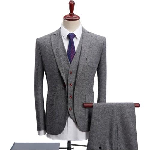 Mens Suits Grey 2019 3 Pieces Wool Groom Tuxedos Shawl Lapel Business Suits For Wedding Evening(Blazer+Vest+Pants)Plus Size