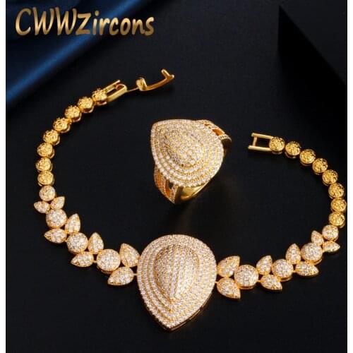 CWWZircons Art Deco Micro Pave Cubic Zirconia Stone Indian Gold Color Leaf Drop Prom Bracelet Bangle and Ring Jewelry Sets T422
