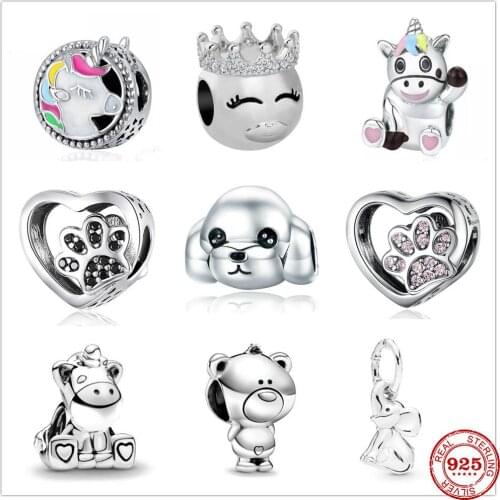 New 925 Sterling Silver Unicorn Prince Poodle Footprint Hedgehog pendant DIY fine beads Fit Original Pandora Charm Bracelet