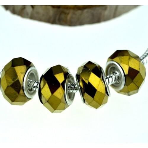 Wholesale 100pcs/lot 14mm Gold Color Faceted Glass Beads European Big Hole Beads For Jewelry Making Charms Bracelet DIY Beads