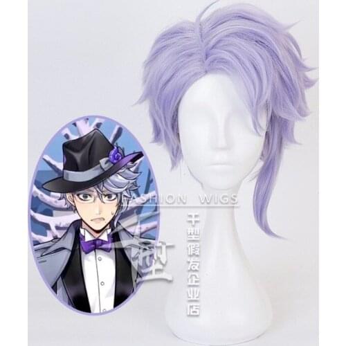Twisted Wonderland Cosplay Wig Men Short Light Purple Resistant Synthetic Hair Anime Role Play Wigs Horns Cosplay