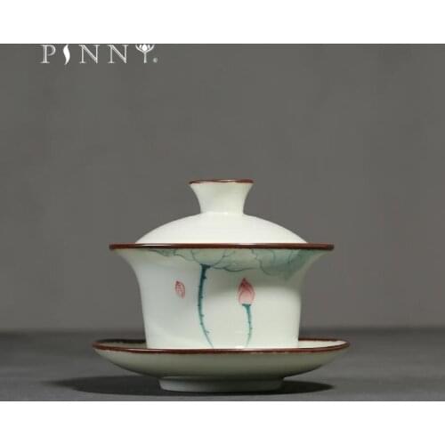 PINNY 130ml Porcelain Hand Painted Lotus Gaiwan Pigmented Traditional Chinese Tea Tureen Kung Fu Tea Bowl