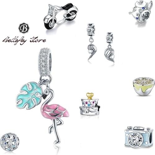 Bellafay Customed Real 925 Silver Flamingo Charm Lemon Beads Camera Fits Original Bracelet Bangles Girls DIY Jewelry Decoration