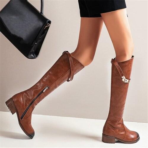 PXELENA Women Knight Riding Boots Knee High Chunky Square Med Heel Long Motorcycle Boots Metal Decor 2020 Winter Plus Size 34-43