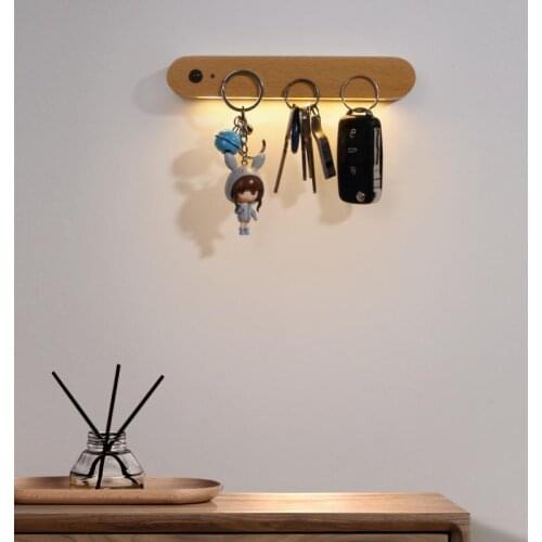 Sensor Night Light Bedroom Wall Night Lamp Wooden Magnetic Key Holder Phone Holder Cabinet Door Hanging Lamp Storage Organizer