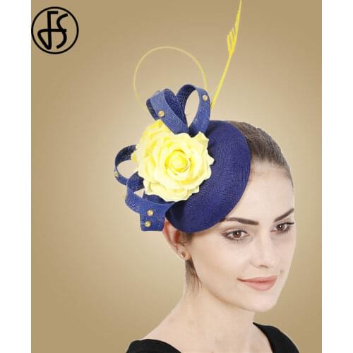 FS Sinamay Ladies Fascinator Wedding Hats For Women Elegant Royal Floral With Feathers Headwear Hair Clips Occasion Church Cap