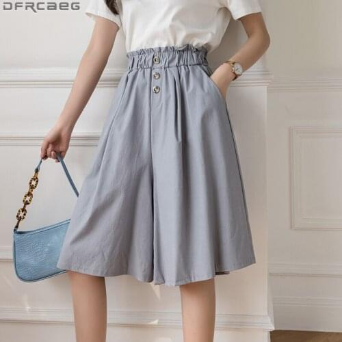 2021 New Summer Womens Shorts Casual Loose Wide Leg Shorts Feminino Stretch High Waist Button Bermudas Short Pants Gray Beige