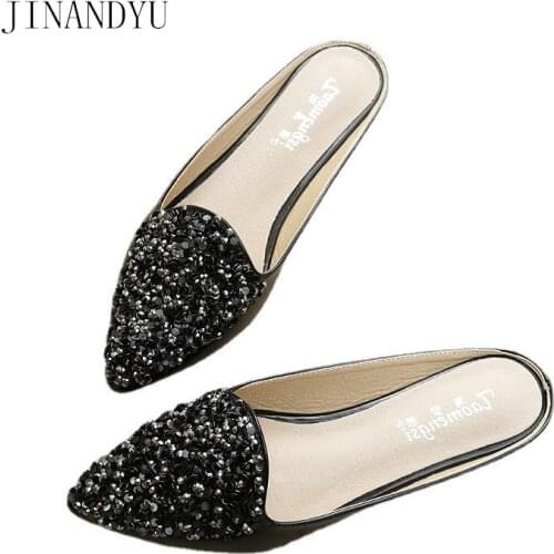 Pointed Toe Flats Shoes Women Slippers Crystal Slippers Women Leather Casuales Mules Shoes for Women Comfy Summer Sandals Trend