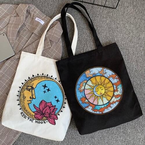 Devil Vintage Ins mythical sun cartoon printed ins large-capacity canvas bag college cute new Ulzzang white women shoulder bags