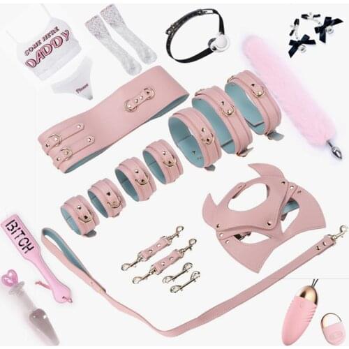 High end BDSM Toys Daddys Girl Bondage Set Real Leather nipple clamps handcuffs Collar Kink Kit Paddle Butt Anal plug Tail gag