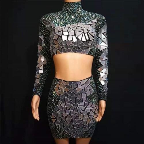T59 Singer split skirt rhinestone evening dress party wears silver mirror hip skirt birthday celebrate outfit dj costume stage