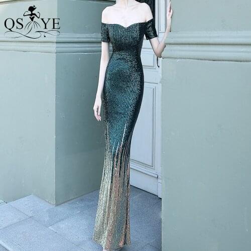 Green Mermaid Long Prom Dress 2021 Elastic Fade Evening Gown Off Shoulder Formal Gown Short Sleeves Girl Party Sweetheart Dress