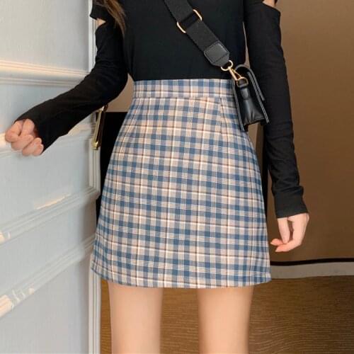 Casual Korean Plaid Women High Waist A-line Above Knee Skirt Spring Summer Sweet Kawaii Students Empire Female Mini Skirts