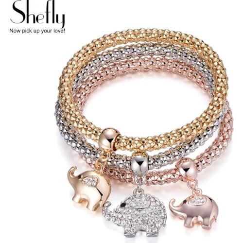 Cute Crystal Elephant Charm Bracelets for Women Adjustable Popcorn Chain 3pcs/set Luxury Silver Plated Mix Color Bracelet Bijoux