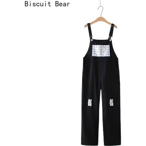 Women Overalls Pants Cartoon Appliques Casual Pants 2021 Spring Straight Pocket Sweet Style Korean Ladies Kawaii Cute Jumpsuits