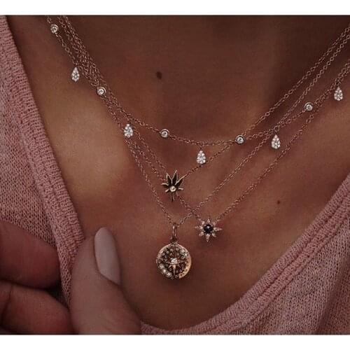 2021 Sun Flower Round Coin Pendant Necklaces For Women Rainbow Cz Disc Engrave Star Starburst Geometric Trendy Fashion Jewelry