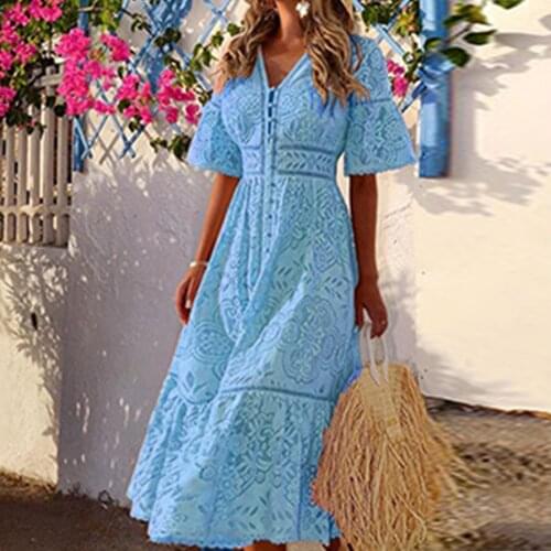 Women Lace Boho Dresses Vintage Soild Color Long Sundress Long Sleeve V Neck Cocktail Prom Gown Party Dress Robe Longue Femme