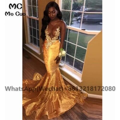 Gold 2021 Mermaid Sheer Lace Evening Prom Dresses with Appliques Womens Evening Dress Satin Pregnant Prom Dress Customized