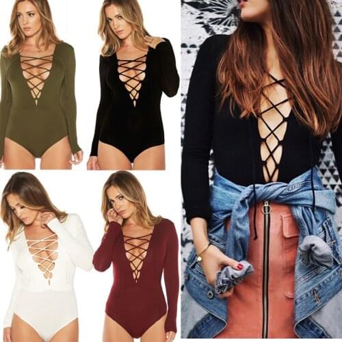 Black Red Bodycon Bodysuit Women Long Sleeve Bandage Solid Casual Rompers Lace Up V Neck Ladies Female Skinny Bodysuit Jumpsuit