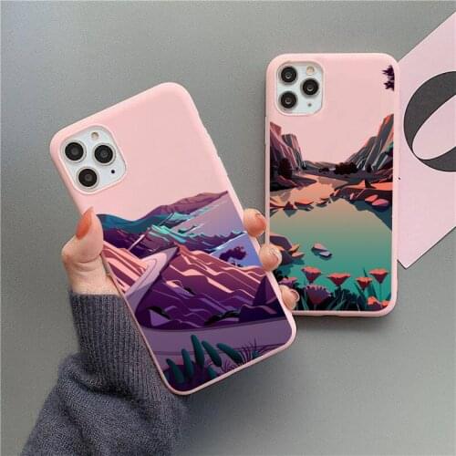 Hand painted Landscape art Phone Case For iphone 12 11 Pro Max Mini XS 8 7 6 6S Plus X SE 2020 XR Matte Candy Pink cover