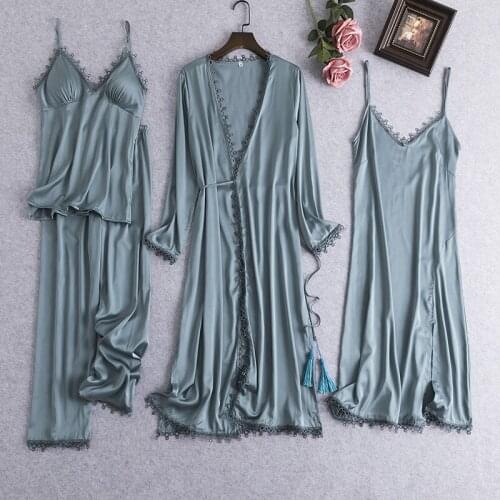 Intimate Lingerie Women Satin Sleepwear 4PCS Women Pajamas Suit Spring New Home Clothing Casual V-Neck Sexy Sleep Set