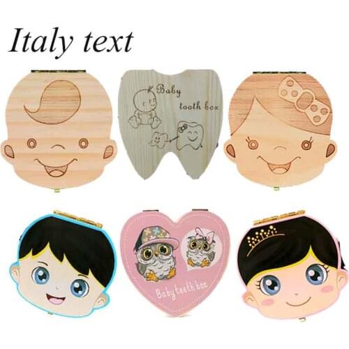 Italy/English Baby Wood Tooth Box Organizer Milk Teeth Storage Collect Teeth Umbilica for Boys Girls Save Keepsake Souvenir