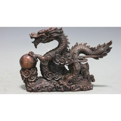 Chinese pure Bronze copper Dragon play bead Royal fengshui Decor Statue