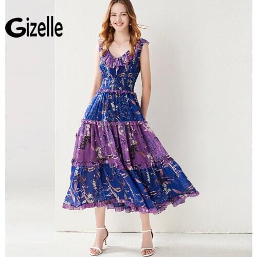 Gizelle Runway Ruffles Fashion Summer Boho A Line Midi Long Dress Vintage Elegant Sleeveless Party Dresses Floral Zanzea Robes