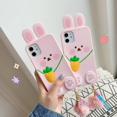 Cute Cartoon Bunny Case for iPhone 12 11 Pro X XR XS Max 6 6s 7 8 Plus SE 2020 mini Lovely Carrot Bag Soft Silicone Cover