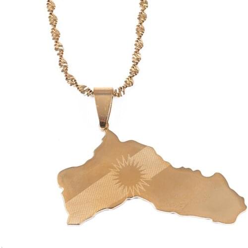 Stainless Steel Gold Color Kurdistan Map Pendant Necklaces Kurdish Flag Map Jewelry
