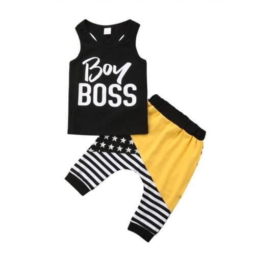 New Arrival Baby Boys Casual Clothes Sets Boy Boss Printed Tops T-shirt + Striped Cotton Harem Pants Outfits Clothes Sets