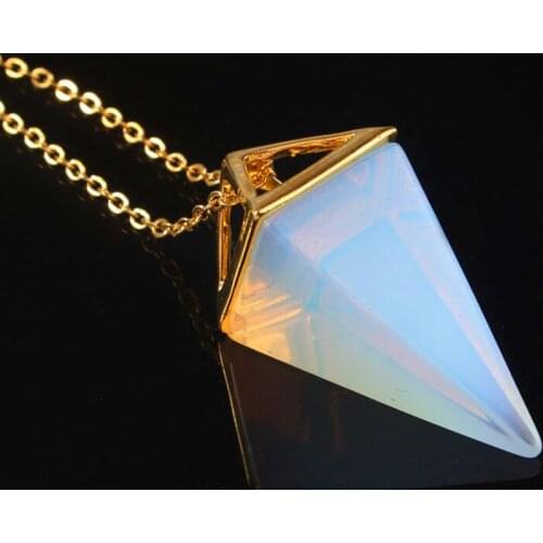 KFT Yellow Gold Color Man-Made Opalite Opal Stone Square Pyramid Pendant Chain Necklace Fashion Jewelry