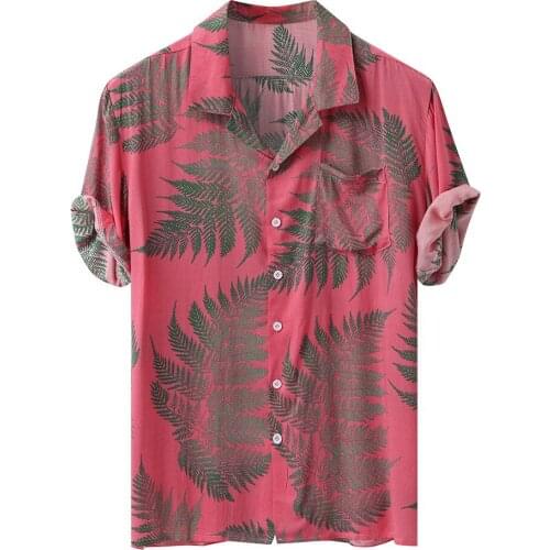 Leaves Printing Casual Summer Hawaiian Camicias Mens Short Sleeve Stand Collar Casual Shirts Button Beach Streetwear Blouses Top