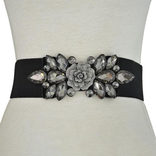 New Fashion Waist Strap Wedding Party Women Fashion Floral Buckle Rhinestone Elastic Wide Clinch Belt