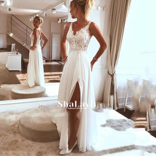 Wedding dress Beach wedding dress 2021 side split top lace boho bride dress sexy appliques wedding gown custom made