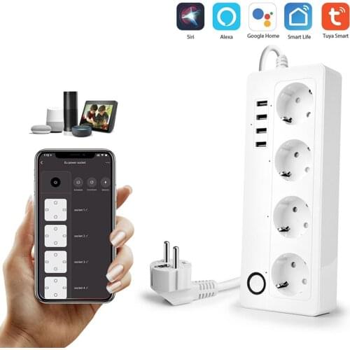 Tuya 16A Wifi Smart Power Strip 4 EU Outlet Plug With 4 USB Charging Port Timing APP Remote Voice Control Work Alexa Google Home