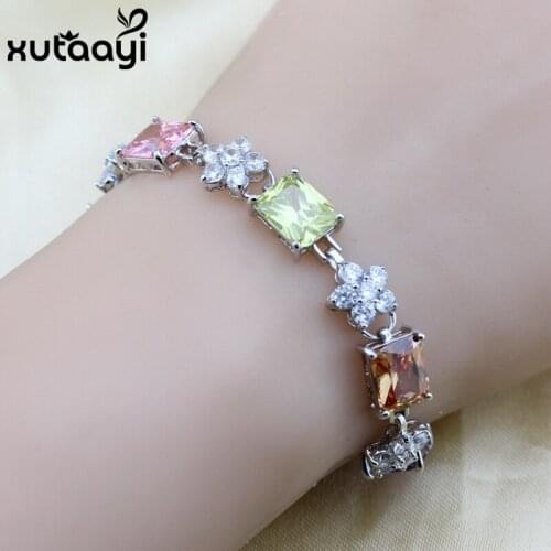 XUTAATI Flower Multi Color Stones Cubic Zirconia Sterling Silver Jewelry Overlay Adjustable Link Chain Bracelet length 20 cm