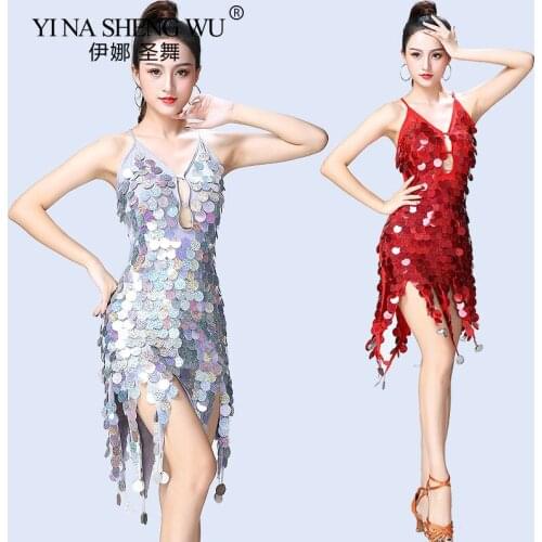 Latin Dance Drees Latin Sequin Fringe Halter Hip Skirt Sexy Party Costume Tassel Stage Profession Performance Clothes Dress Wear