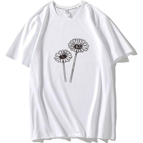 Women T-shirt Korean Style Happy Nice New Summer Harajuku Flower Drawing with Plants Kawaii Cotton T-shirt Cute Tops for Couple