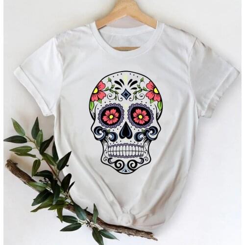 T-shirts Women 2021 Fashion Skull Flower Kawaii Fashion Clothes Printing Stylish Tshirt Top Lady Print Sexy Tee T-Shirt