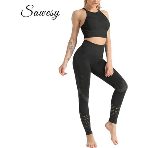 2 pieces Set Women Sports Yoga Gym Fitness Sportswear Leggings Seamless Athletic Sleeveless Crop Top