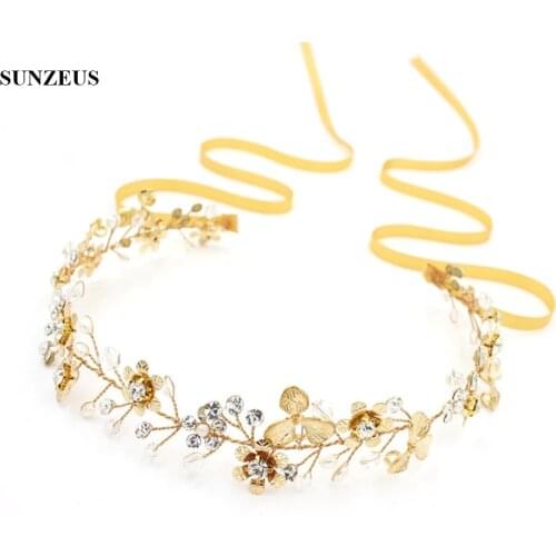 Gold Small Flower Bridal Hair Sash Hand-made Crystal Head Chain Wedding Accessory Headband SQ0188