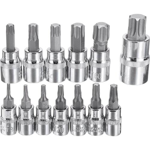 13pcs T8 E9G6 Tamper Proof Torx Star Bit Socket Set 1/4 3/8 & 1/2 inch Drive Durable Repair Hand Tool Set