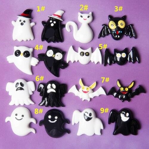 20pcs Black White Ghost Owl Bat Halloween Flat Back Resin Cabochons DIY Scrapbook Embellishment Craft Decoration Parts wholesale