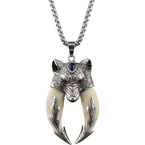Antique Double Boar Pendant Wolfs Tooth Tibetan Silver Wolf Protective Talisman Necklace Gift Vintage Animal